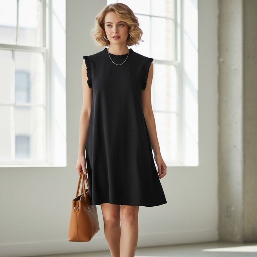 Tash + Sophie Dress Women M Black Coquette Ruffle Trim Cap Sleeve Minimalist